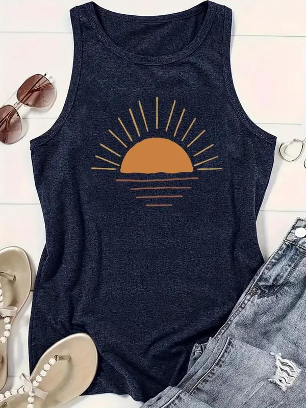 Women's Cartoon Sun Print Round Neck Tank Top, Casual Sleeveless Top, Summer Tops, Ladies Summer Clothes for Daily Wear